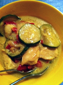 coconut thai curry chicken with onions, red pepper and zucchini